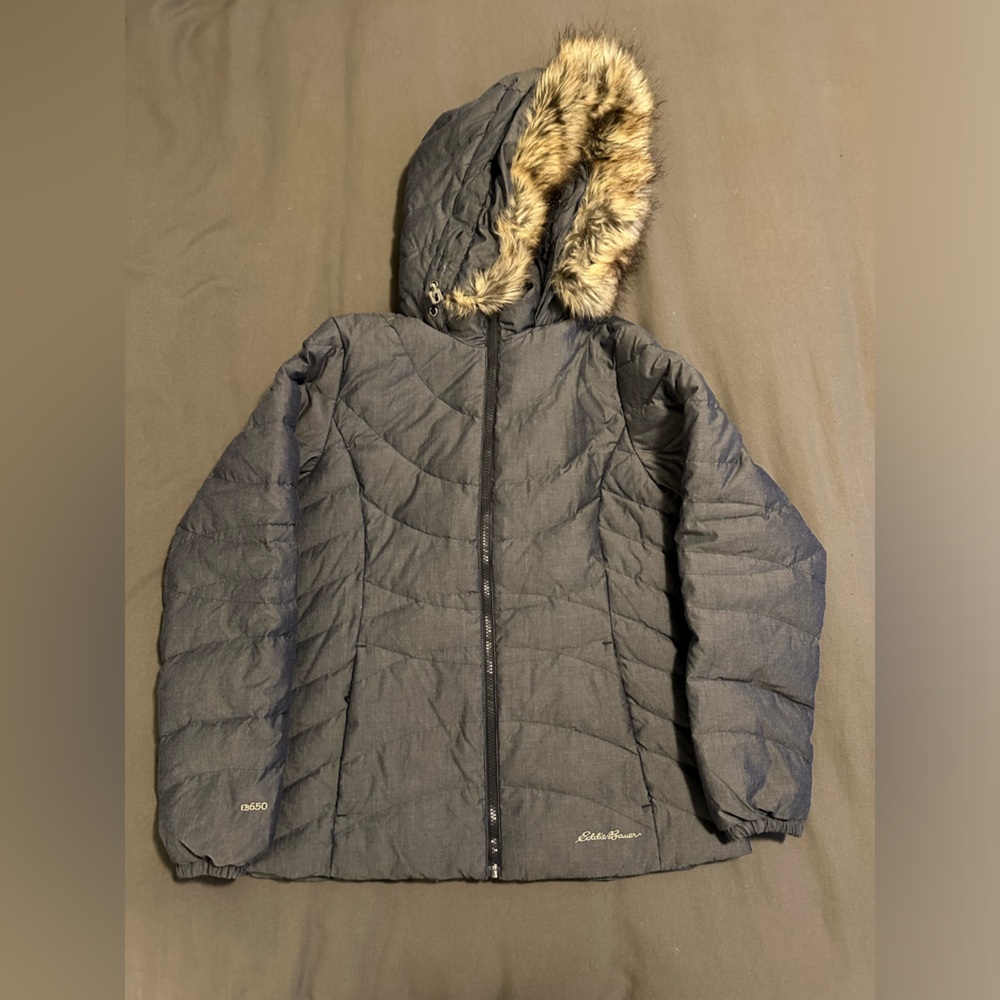 Women’s Medium Eddie Bauer Eb650 Down Winter Puffer Jacket Faux Fur Hood
